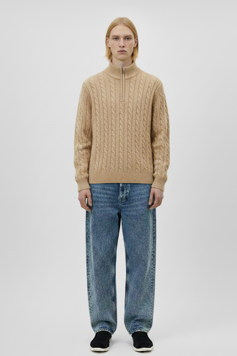 Wool Half-Zip Cable Sweater